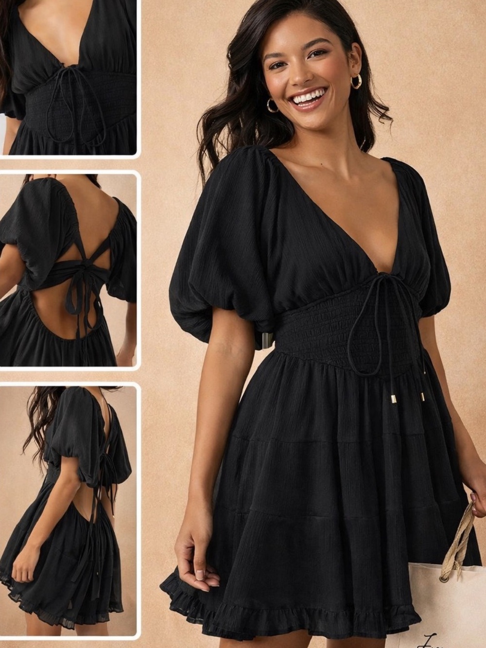 Free People Black Puff Sleeve Tiered Mini Dress Romper Smocked Open Back L
